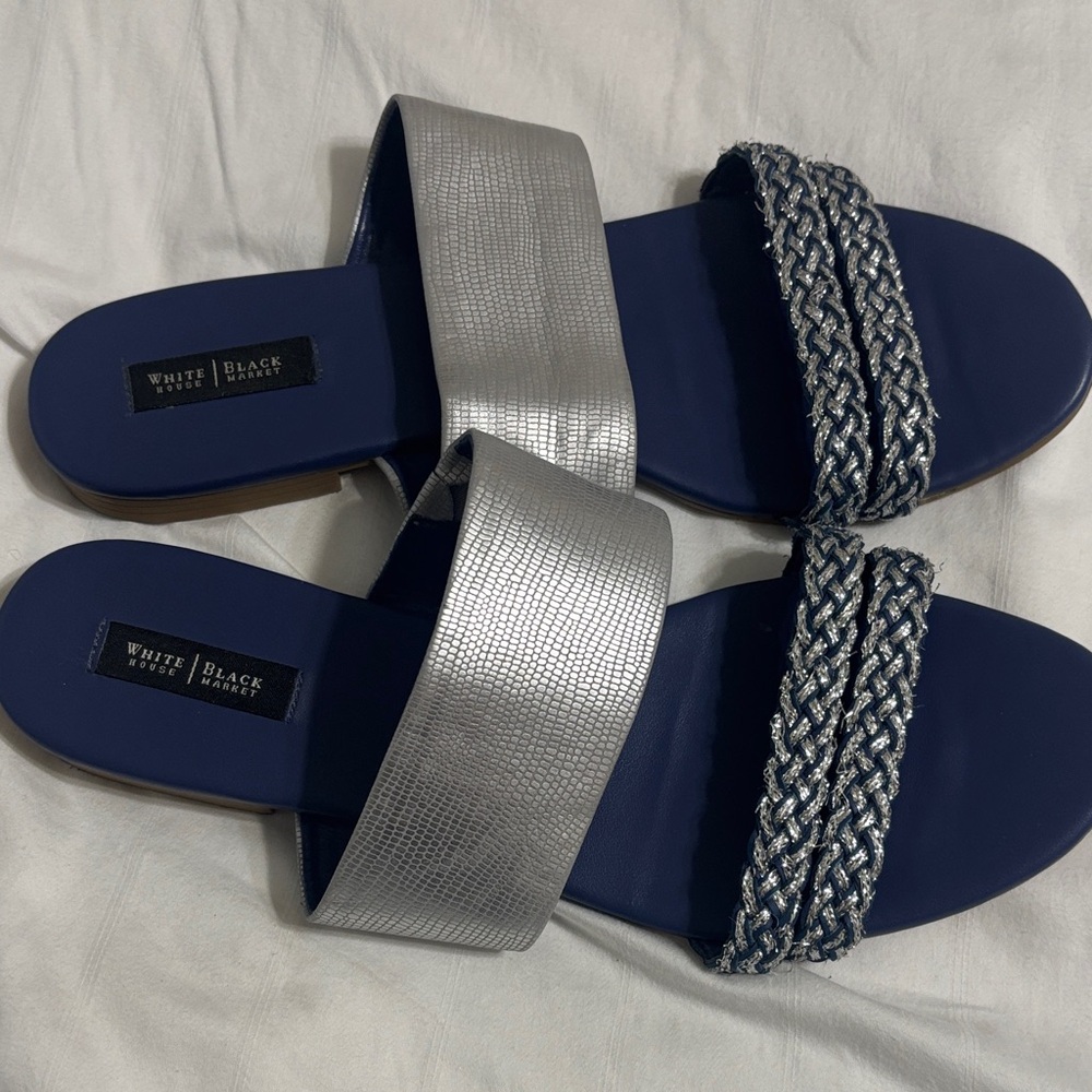 WHBM silver and blue sandals, size 10, VGUC